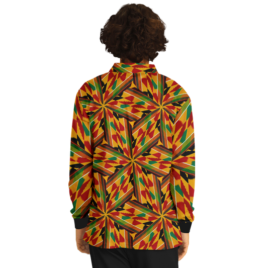 Men’s Vibrant African Kente-Inspired Pattern All-Over Print Long Sleeve Polo Shirt