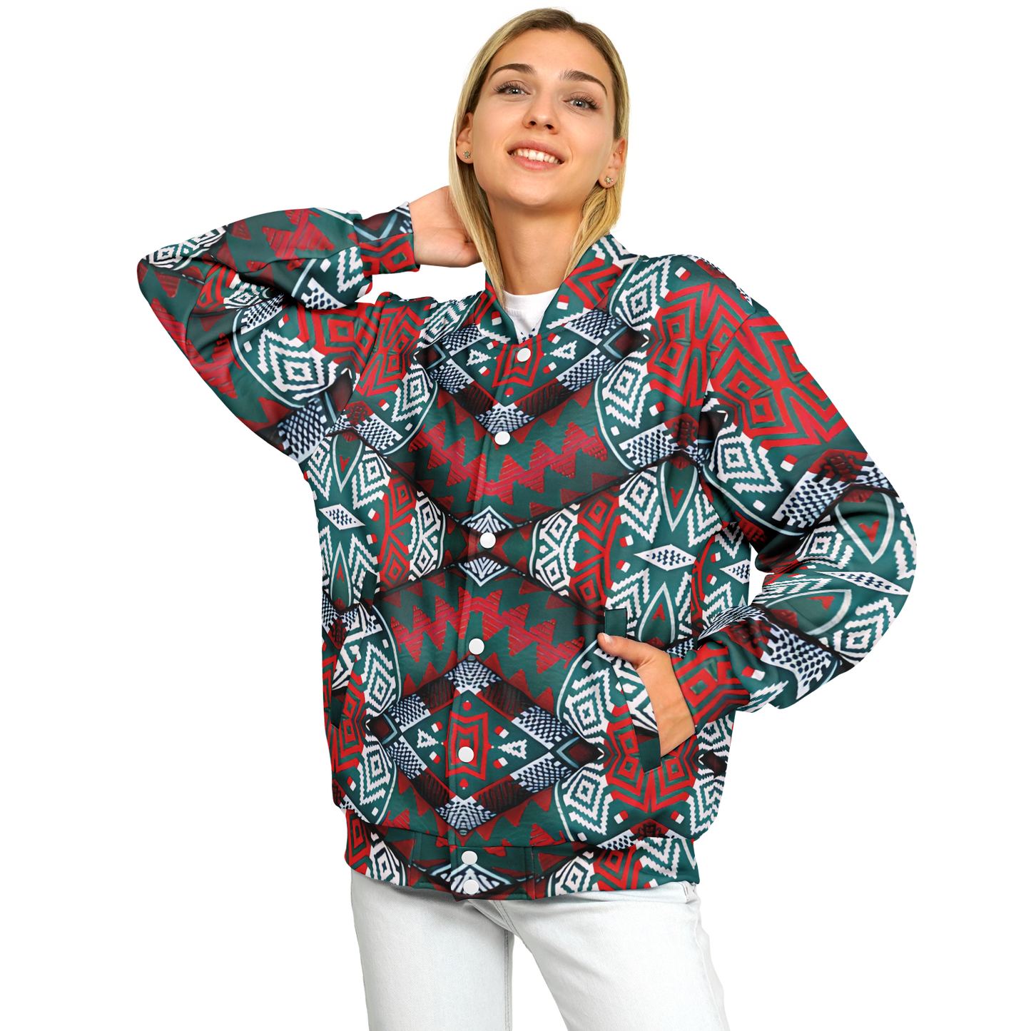 Women's Red, Green & White Teal Aztec Geo Pattern All-Over Print Baseball Jacket