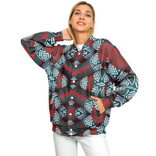 Women's Red, Green & White Teal Aztec Geo Pattern All-Over Print Baseball Jacket