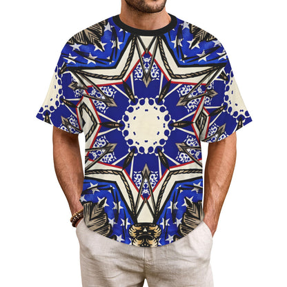 Men's Kaleidoscope Star Pattern All-Over Print Cut & Sew Ribbed Collar T-Shirt