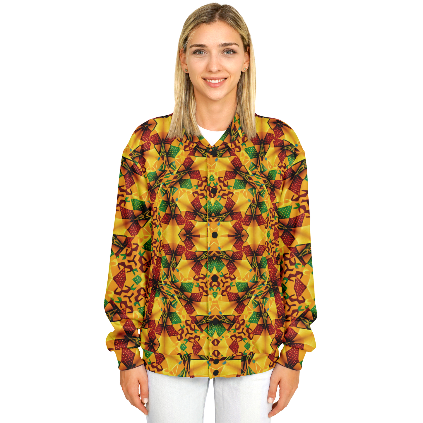 Women's Vibrant African Kente Geometric Pattern All Over Print Baseball Jacket