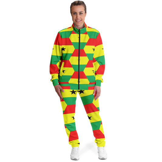 Women's Red Yellow Green Stars Flag Hex Pattern Track Jacket and Pants