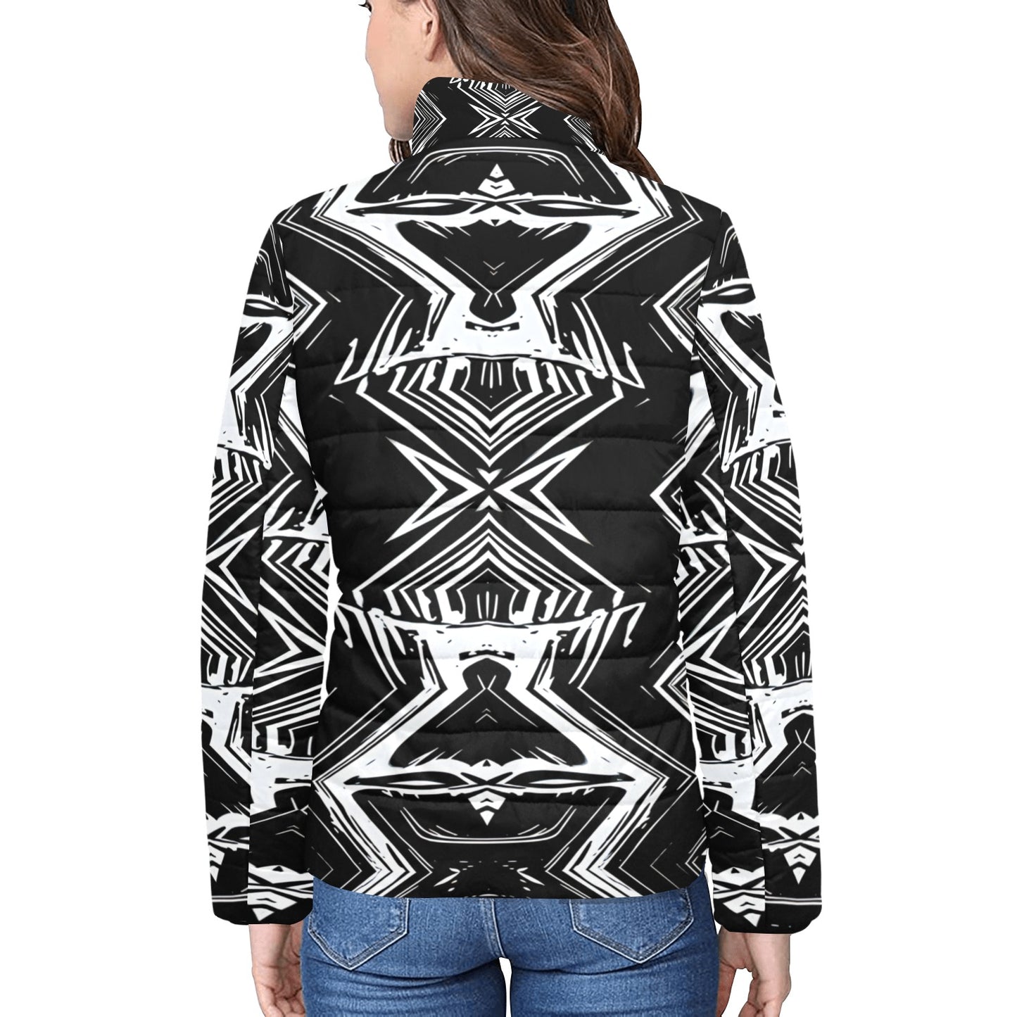 Women's Black & White Geometric Pattern All-Over Print Stand Collar Padded Jacket