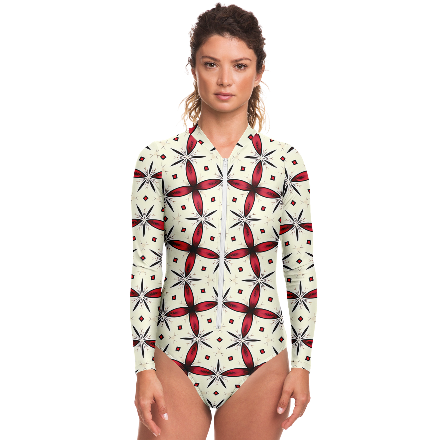 Women's Red & Black Geometric Pattern Bodysuit Long Sleeve