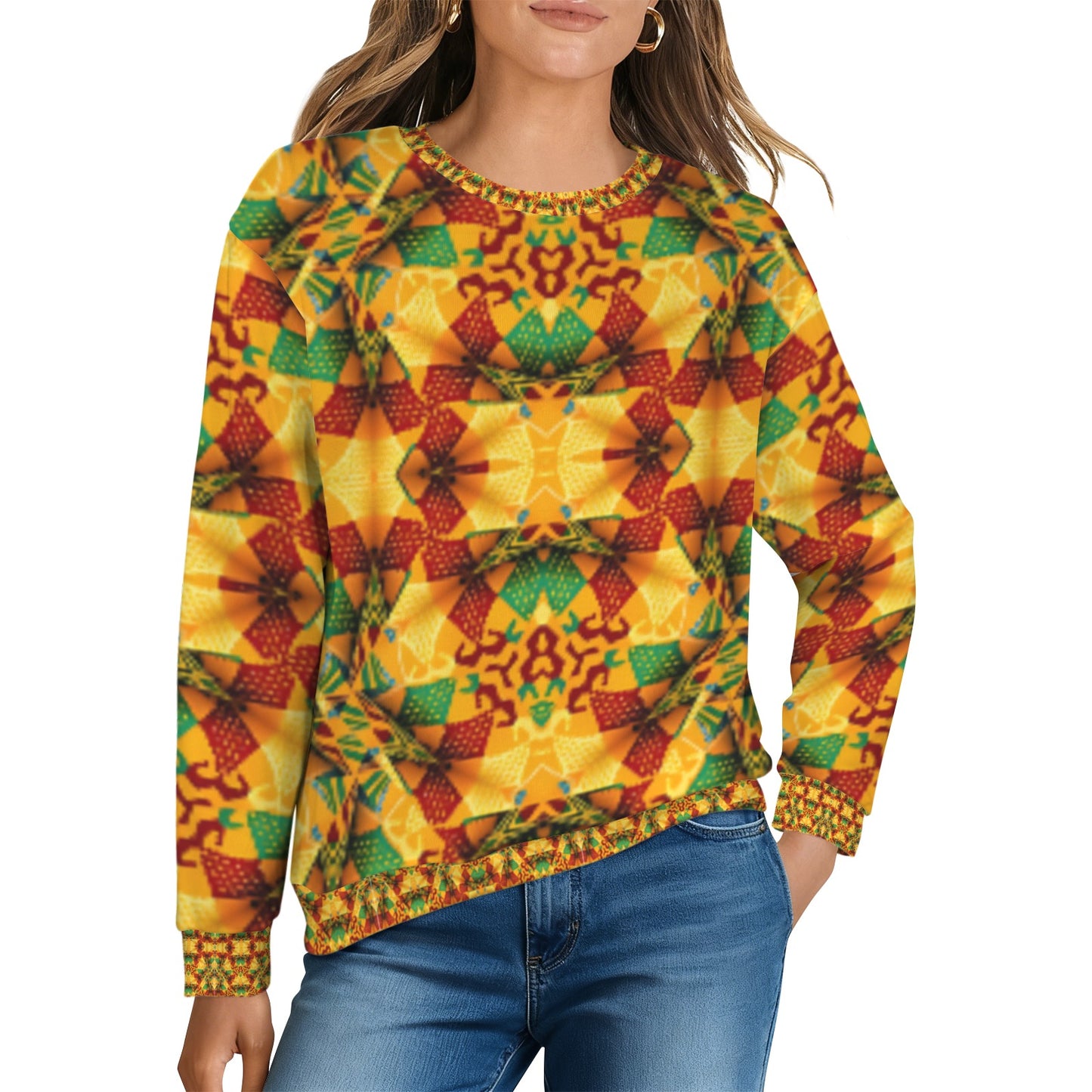 Women’s Vibrant Autumn Kaleidoscope Pattern All Over Print Crew Neck Sweater