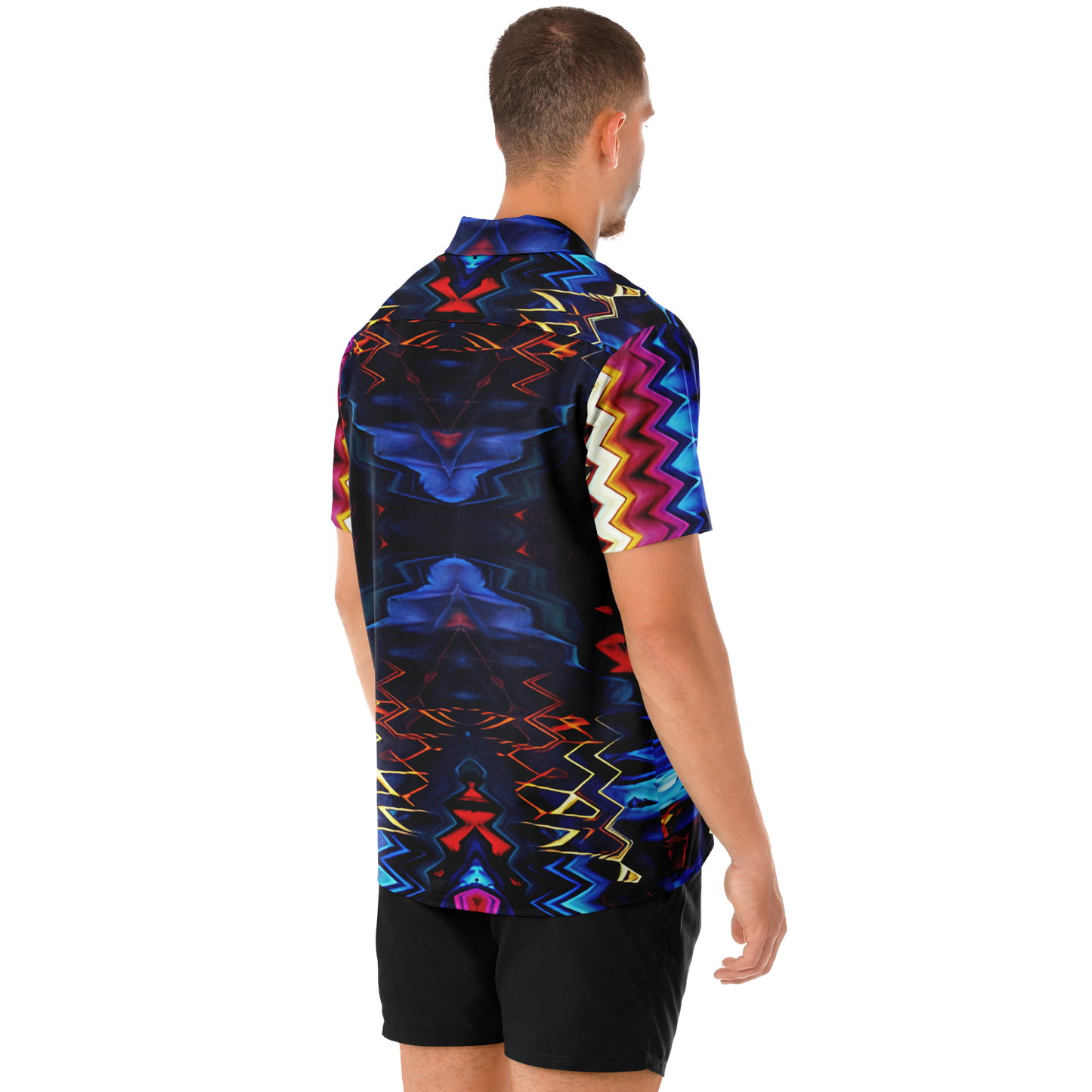 Men's Blue & Red Kaleidoscope Pattern All Over Print Spread Collar Short Sleeve Button-Down Shirt