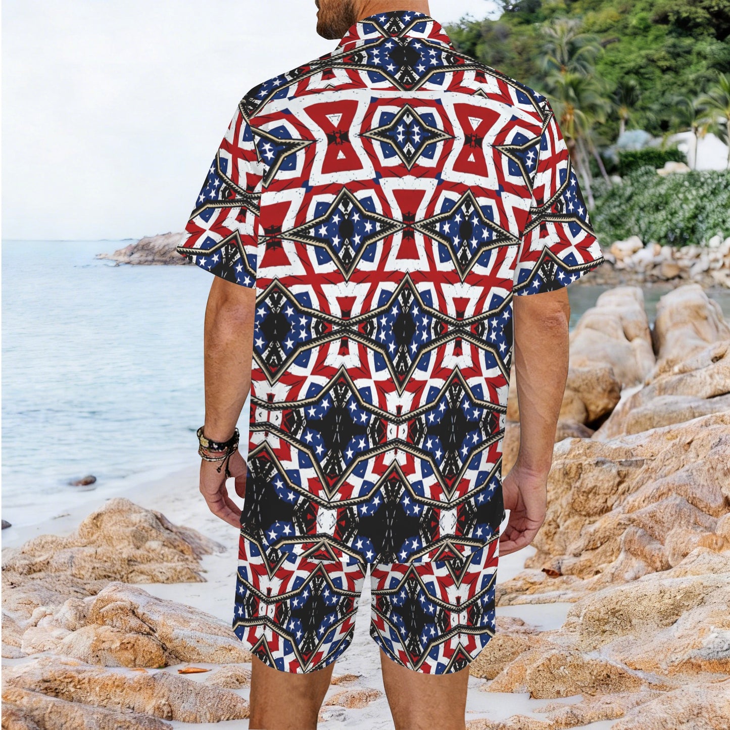 Men's Patriotic Star Kaleidoscope Pattern All-Over Print Hawaiian Shirt & Shorts Set