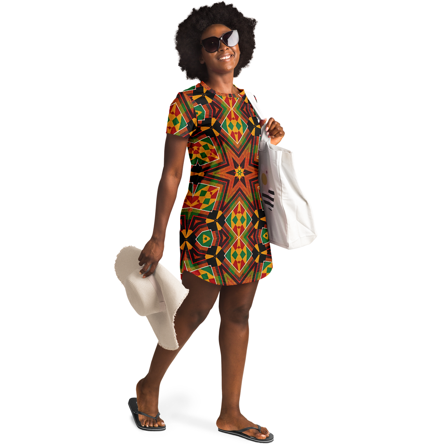 Women's African Kente Geometric Star Pattern All-Over Print T-Shirt Dress
