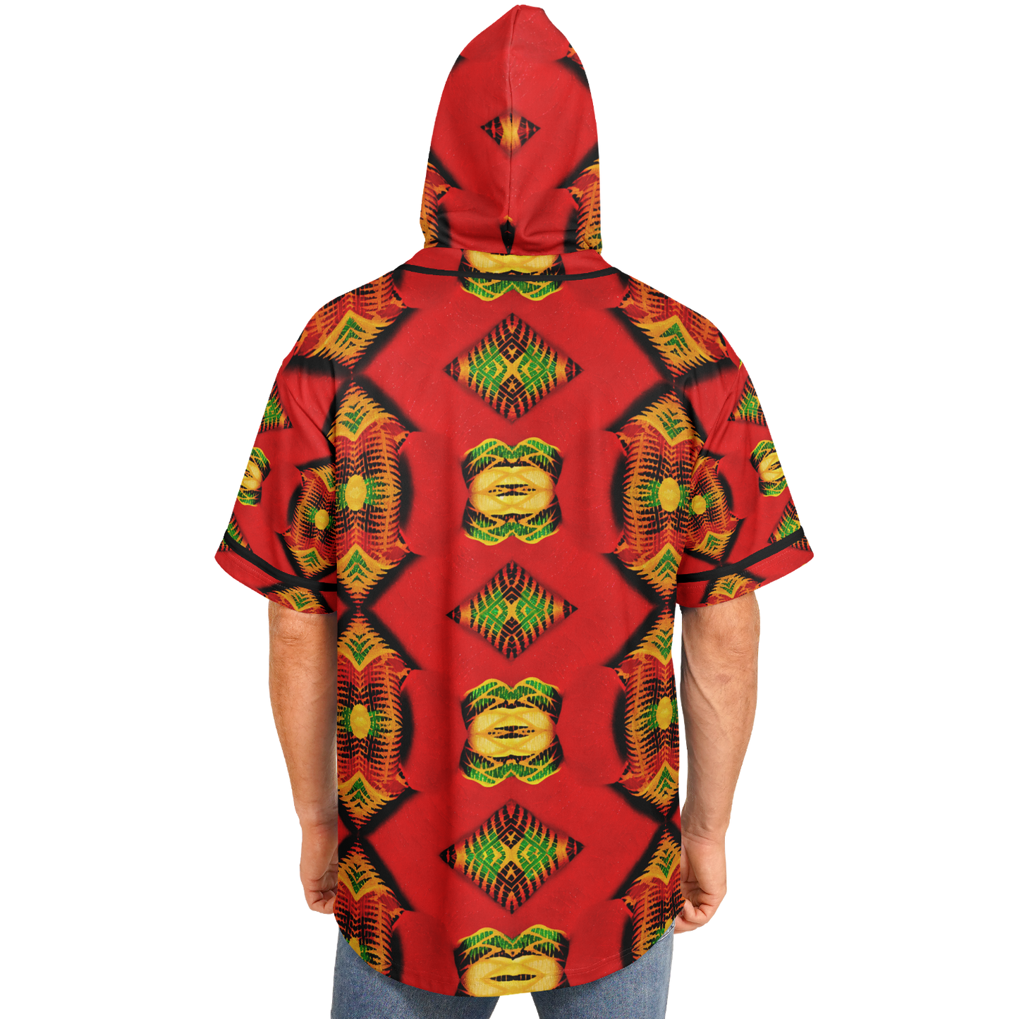 Men's Red Bold Tribal All-Over Print Hooded Baseball Jersey