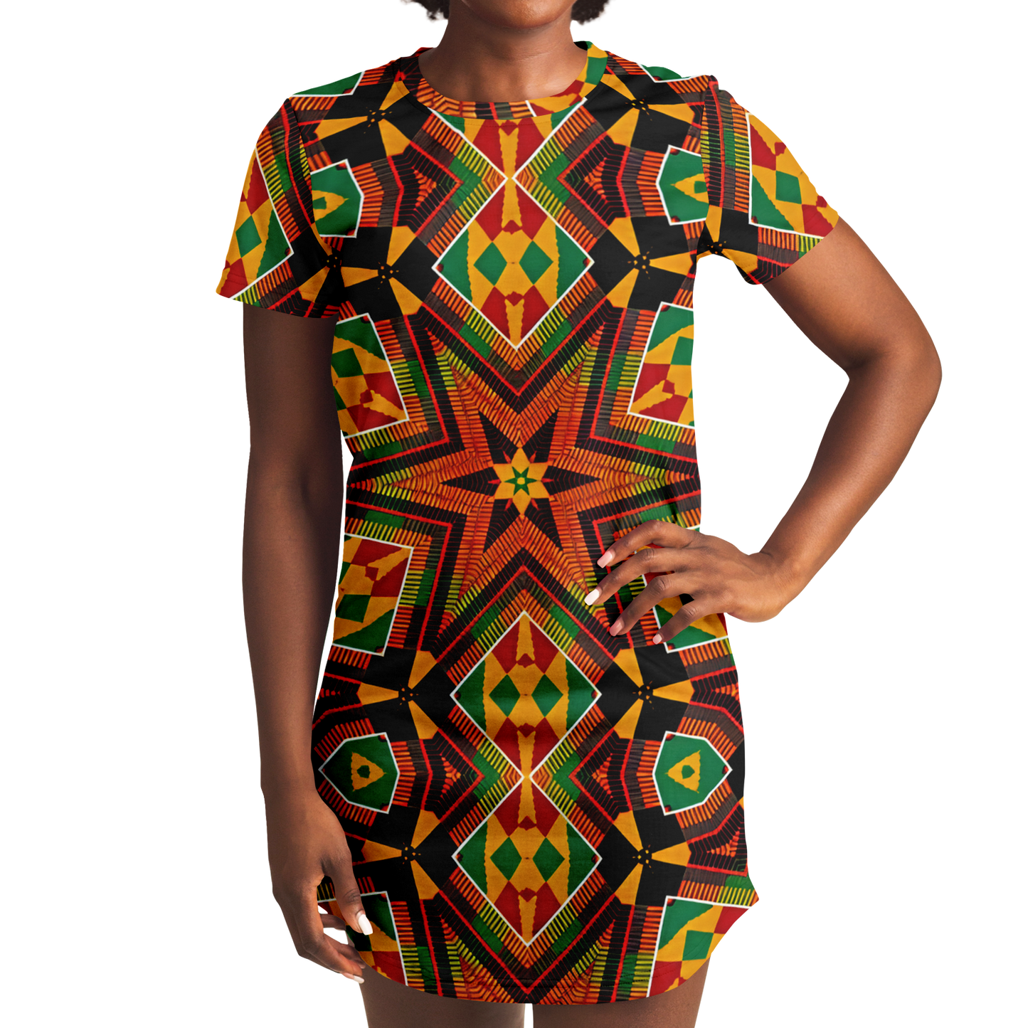 Women's African Kente Geometric Star Pattern All-Over Print T-Shirt Dress