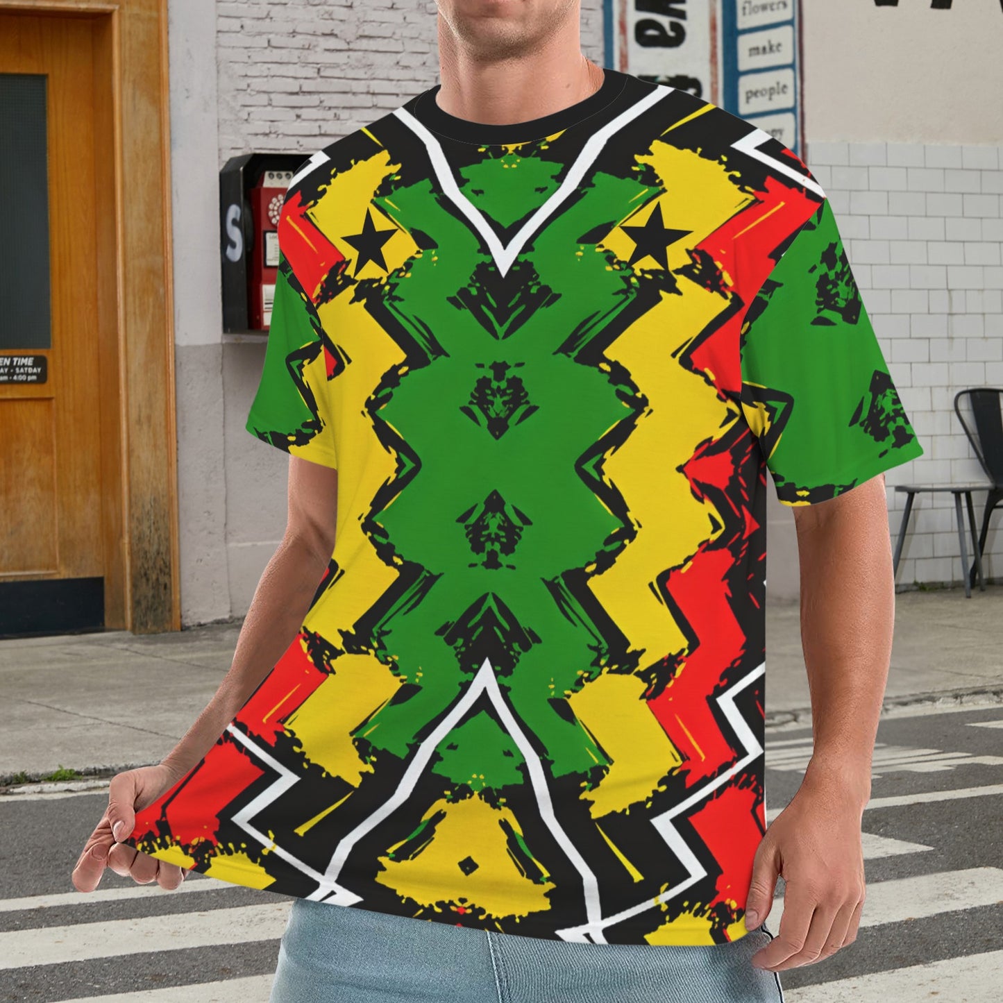 Men's Ghana Flag & Black Star Pattern All-Over Print Ribbed Collar T-Shirt