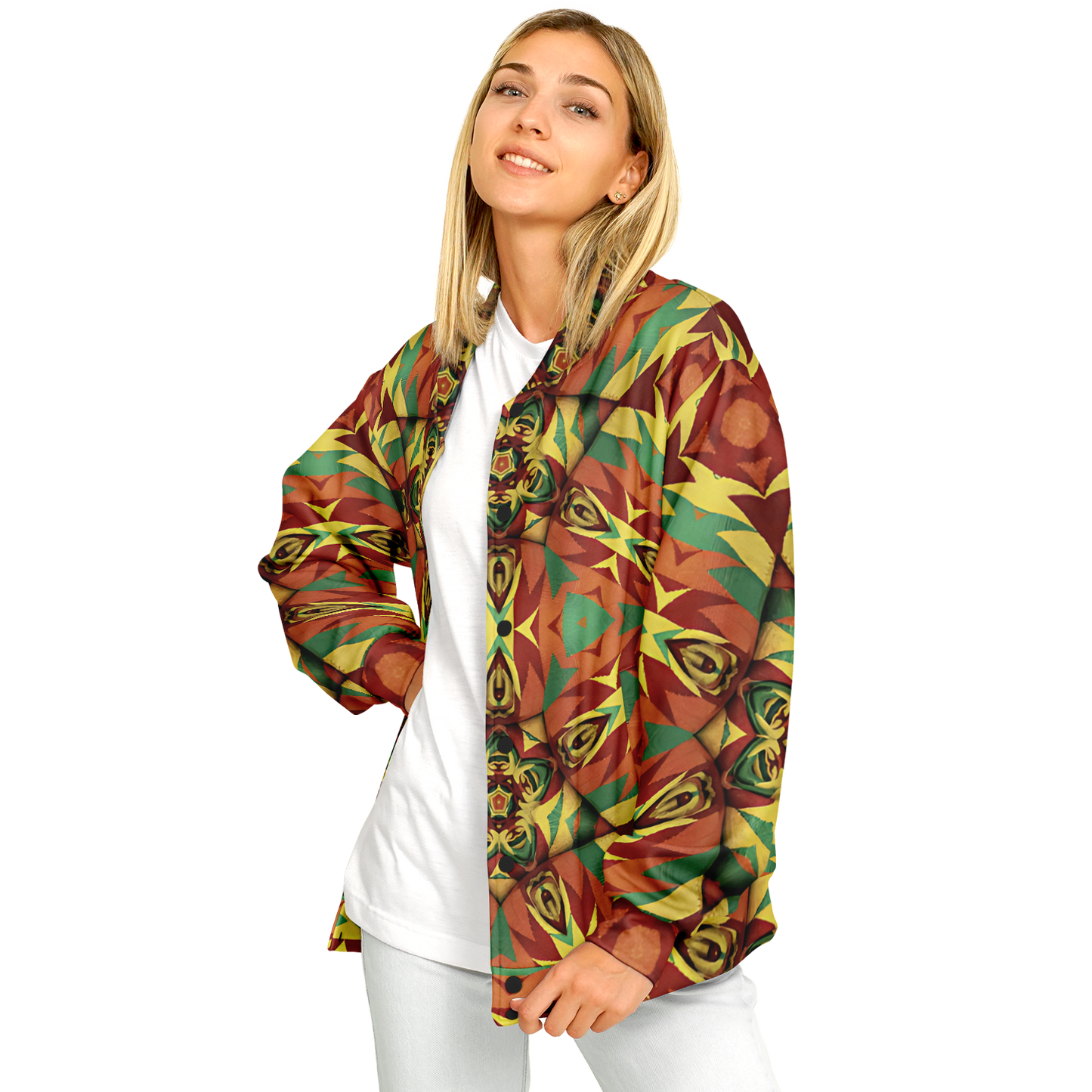Women's Bold Tribal Kaleidoscope Pattern All Over Print Baseball Jacket