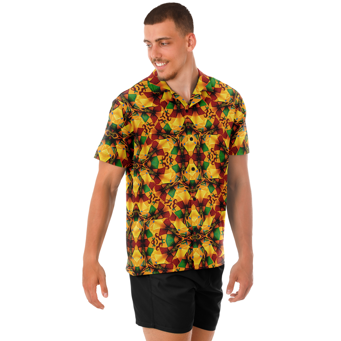 Men's Vibrant Autumn Kaleidoscope Pattern Spread Collar Short Sleeve Button-Down All Over Print Shirt.