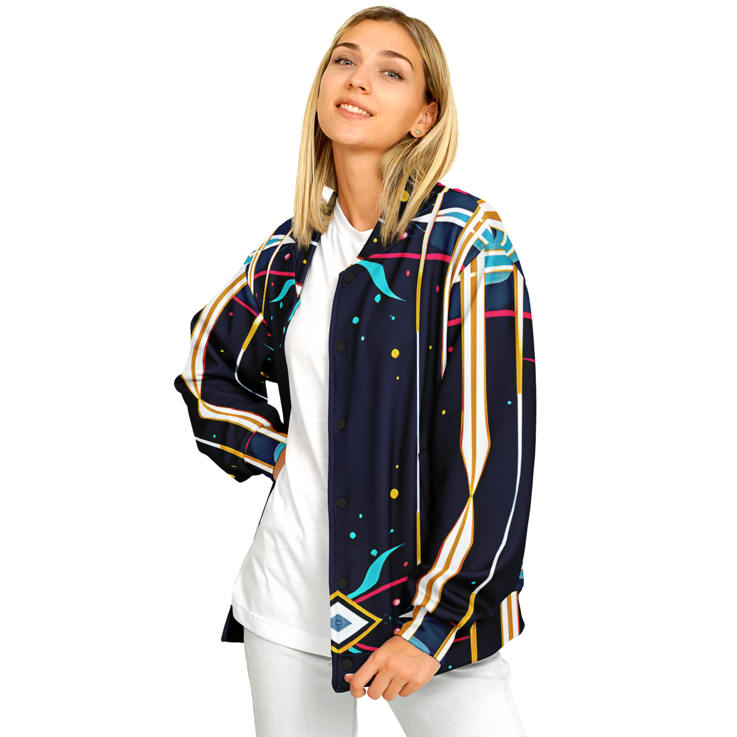 Women's Abstract Neon Geometry Pattern All Over Print Baseball Jacket