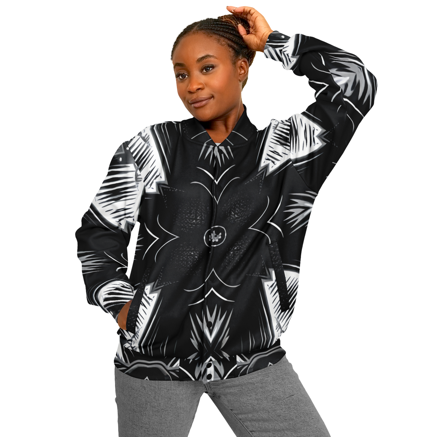 Women's Black & White Geometric Pattern All Over print All Over Print Baseball Jacket