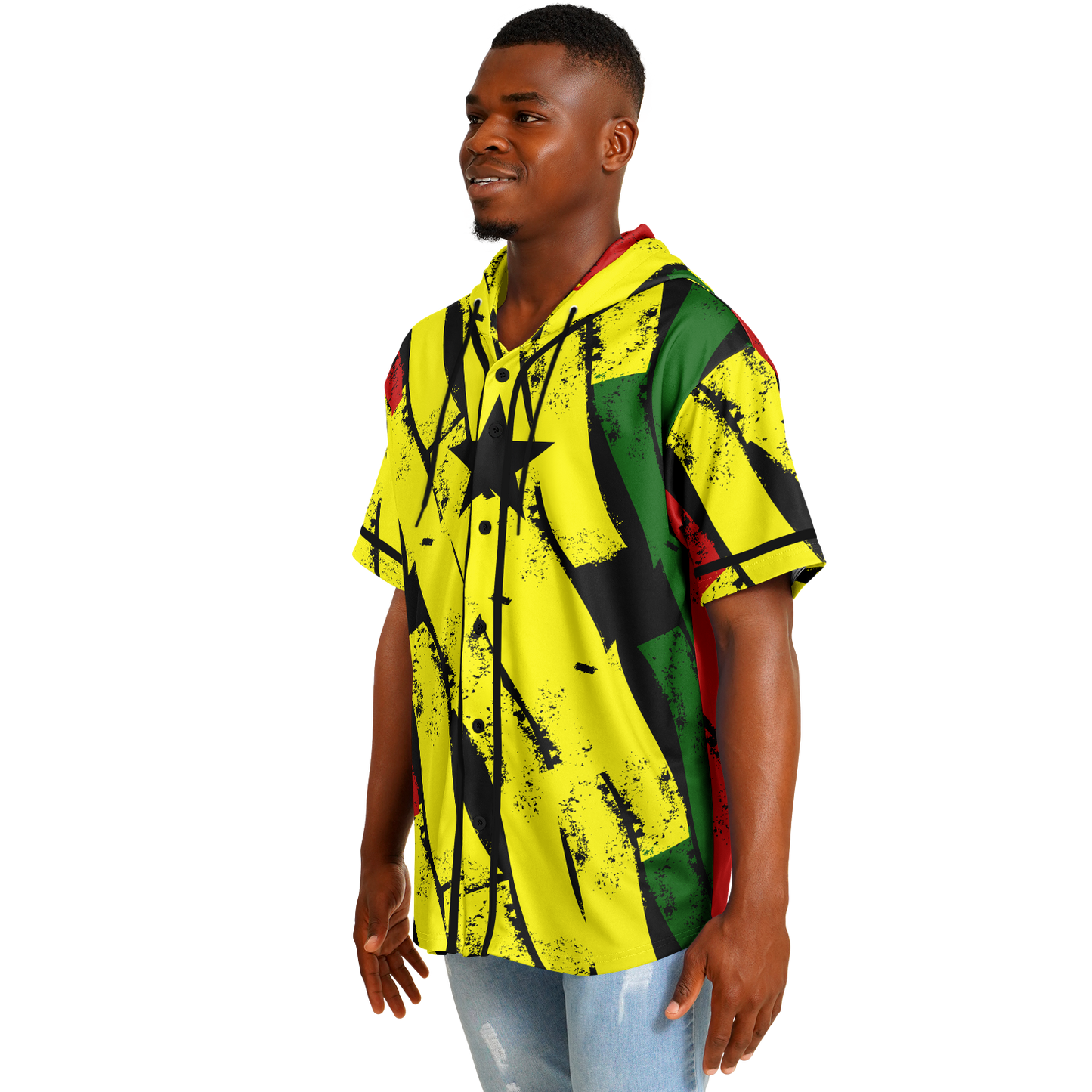Men's Ghana Flag & Black Star Pattern All-Over Print Hooded Baseball Jersey