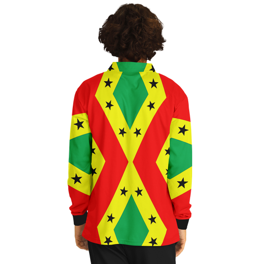 Men's Red Yellow Green Black Stars Polyester Long Sleeve Polo Shirt