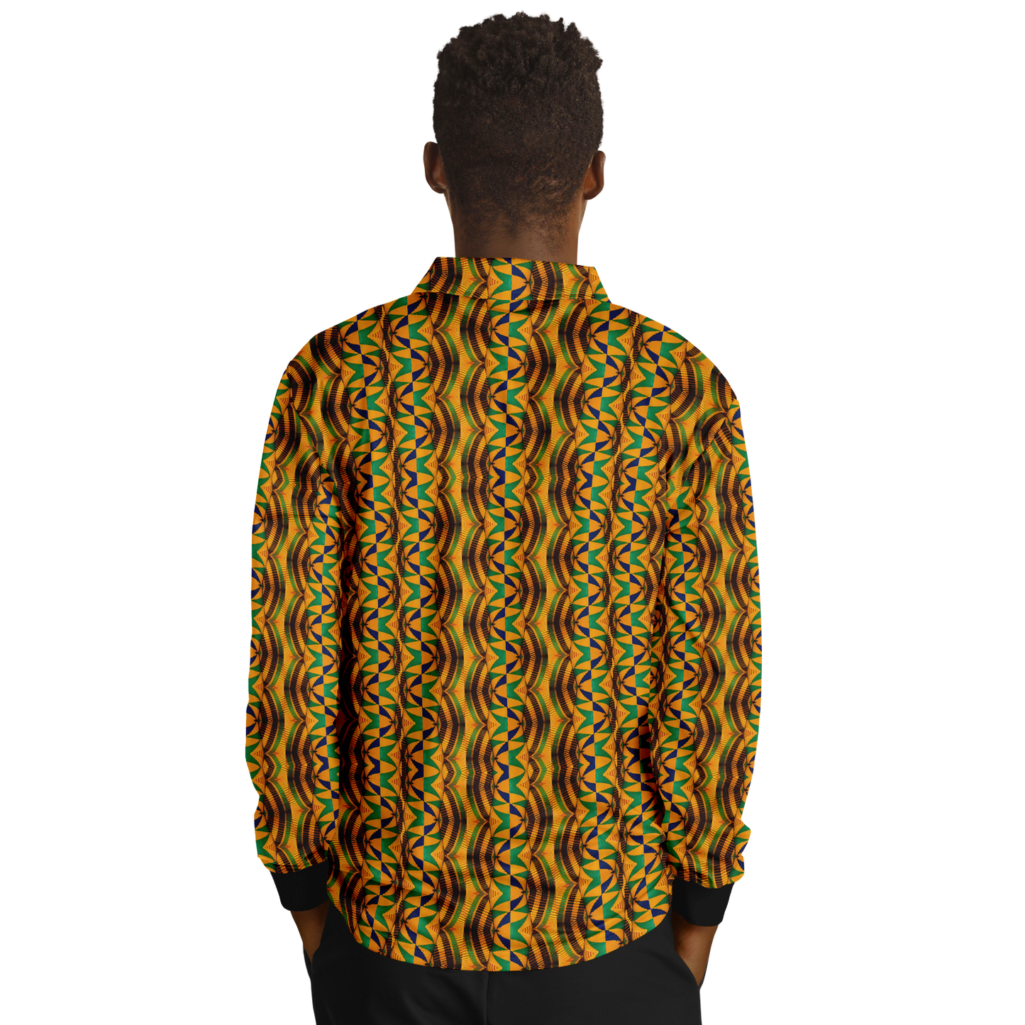 Men’s African Kente Geometric Pattern All-Over Print Long Sleeve Polo Shirt