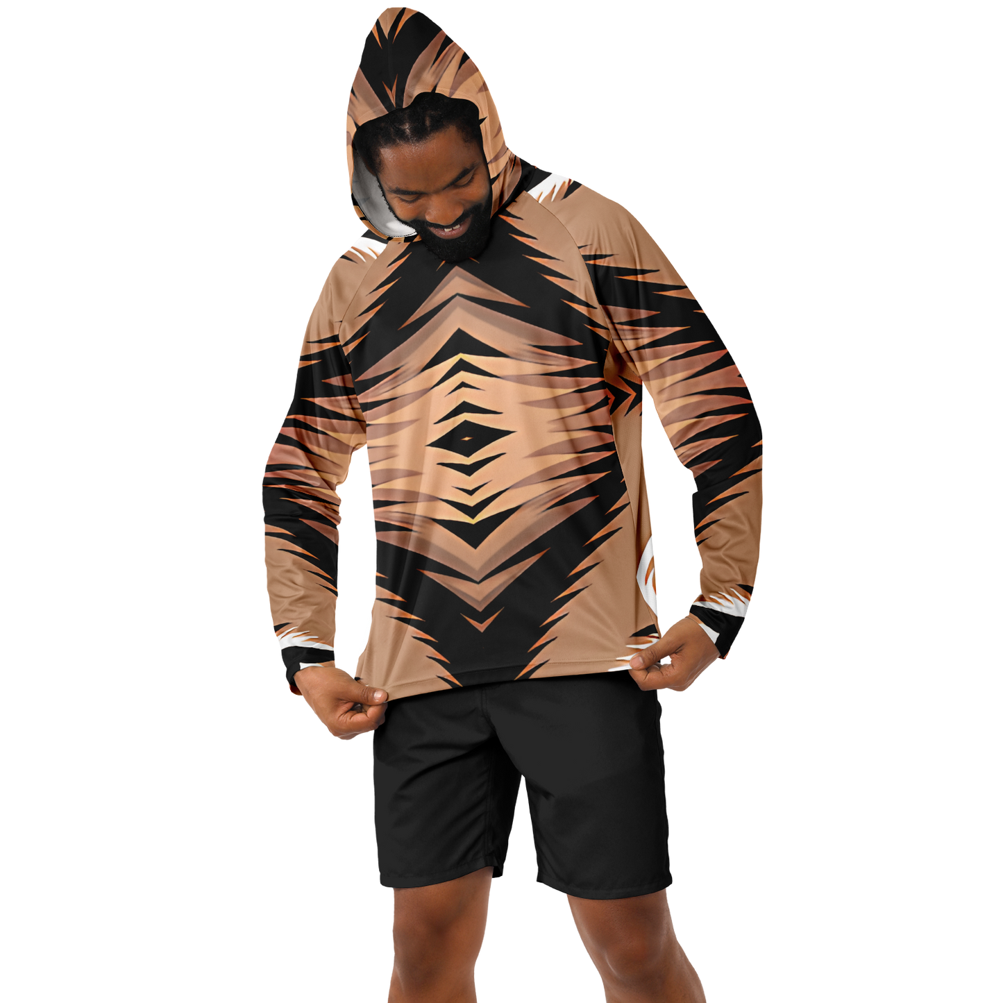 Men’s Bold Tiger Stripe Animal Pattern All Over Print  Long Sleeve Hooded Performance Shirt