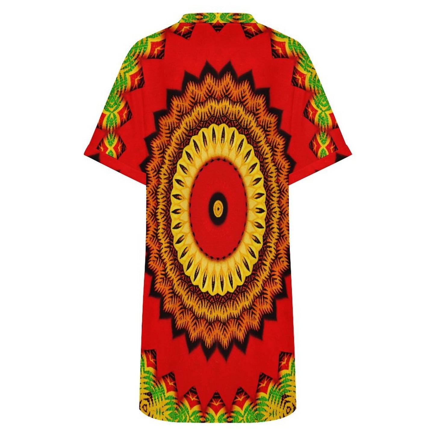 Women's Red Tribal Kaleidoscope Pattern All Over Print  Casual V-Neck Dress with Rolled Cuffs