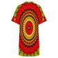 Women's Red Tribal Kaleidoscope Pattern All Over Print  Casual V-Neck Dress with Rolled Cuffs