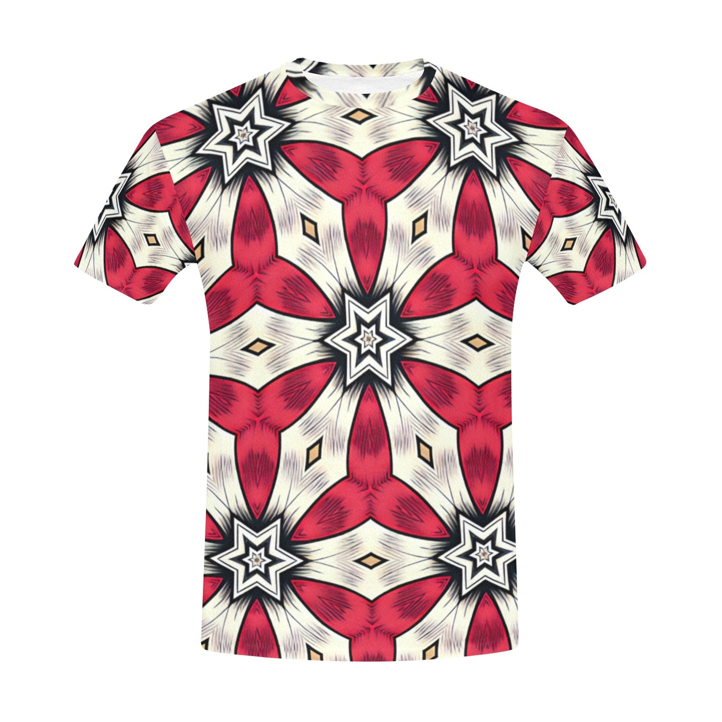 Men's Red & White Geometric Star Pattern All Over Print All Over Print Crew Neck T-Shirt