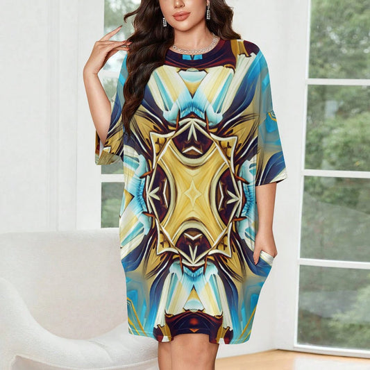 Women's Abstract Teal & Gold Pattern All Over Print Oversized T- Shirt Loungewear