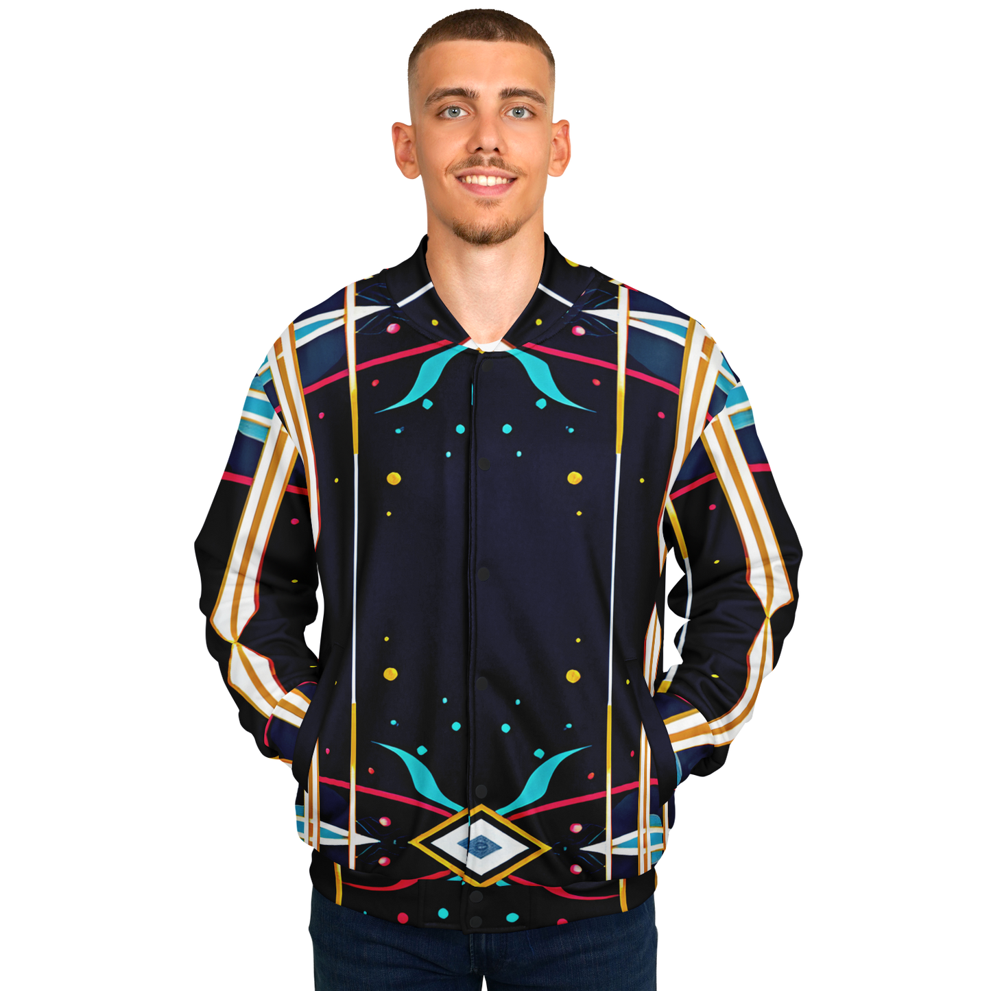 Men's Abstract Neon Geometry Pattern Design All Over Print Baseball Jacket