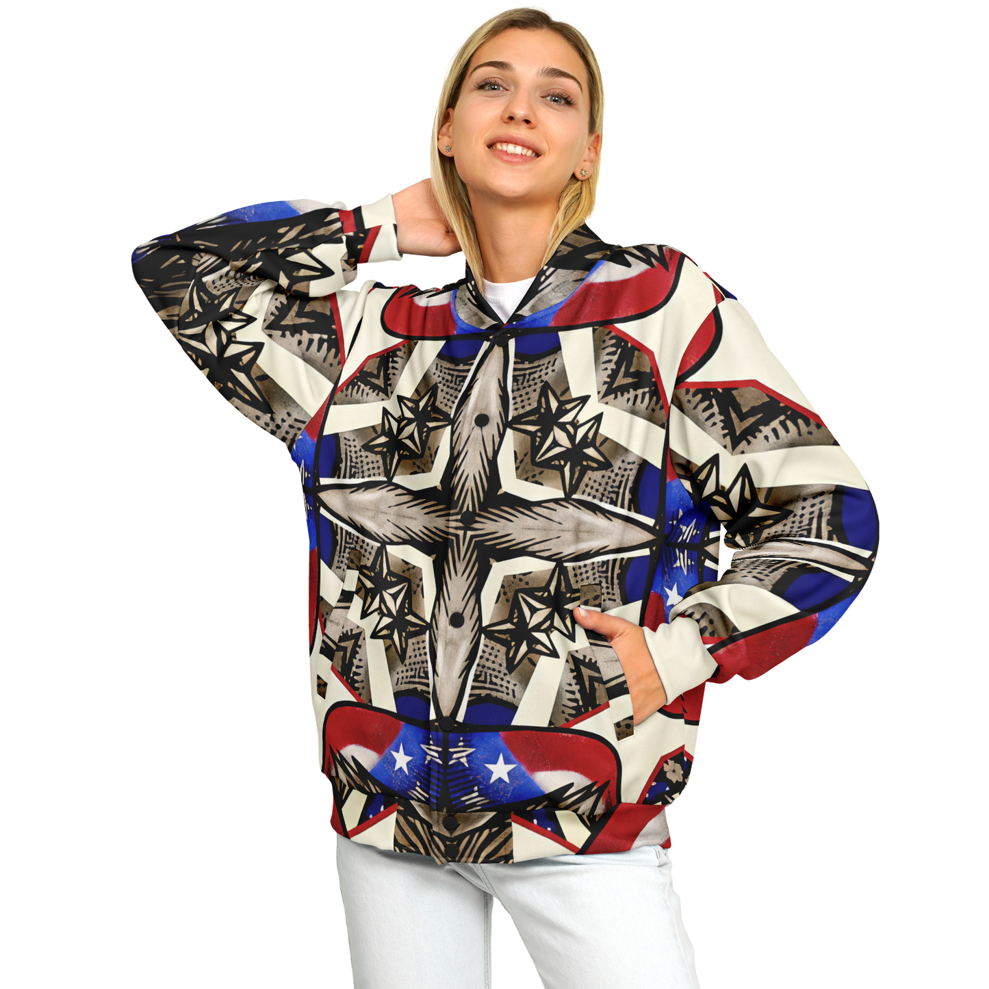 Women's Patriotic Star Kaleidoscope Pattern All-Over Print Baseball Jacket