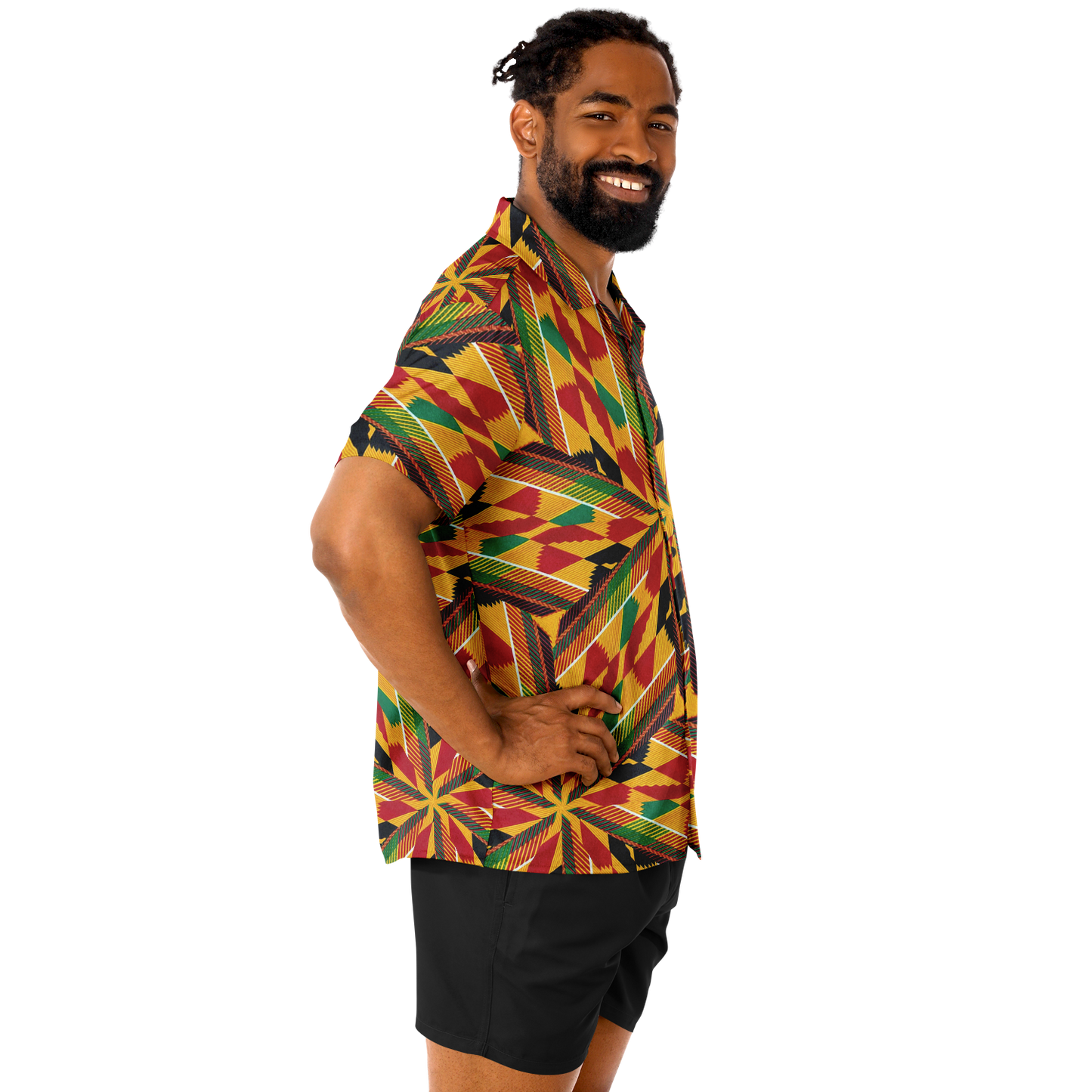 Men's African Kente Geometric Pattern All-Over Print Spread Collar Short Sleeve Button-Down Shirt