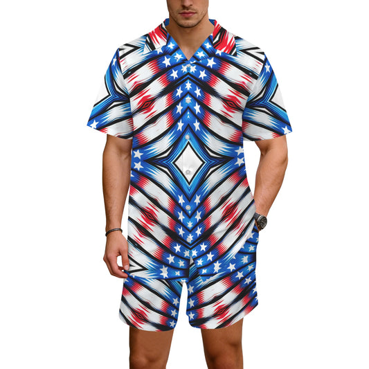Men's Red White & Blue Geometric Pattern All-Over Print Hawaiian Shirt & Shorts Set
