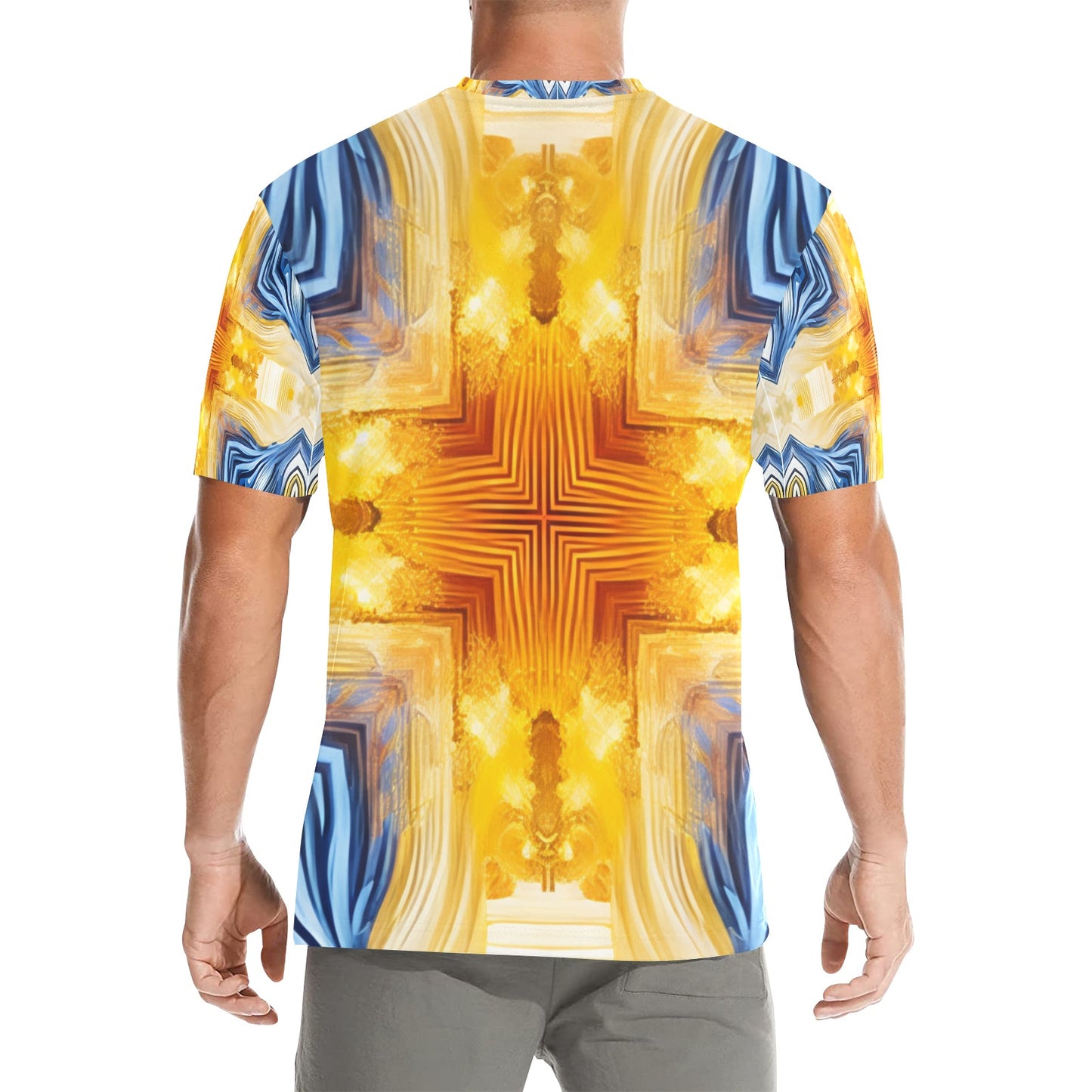 Men’s Bright Orange & Blue Abstract All Over Print Crew Neck T-Shirt