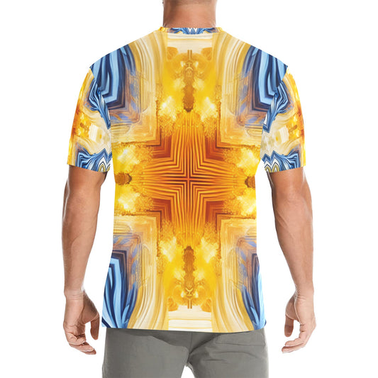 Men’s Bright Orange & Blue Abstract All Over Print Crew Neck T-Shirt