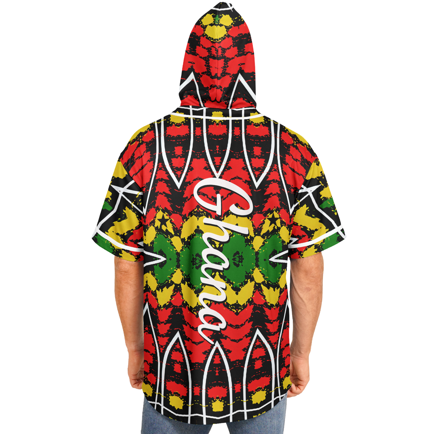 Men's Ghana Flag & Black Star Pattern All-Over Print Hooded Baseball Jersey