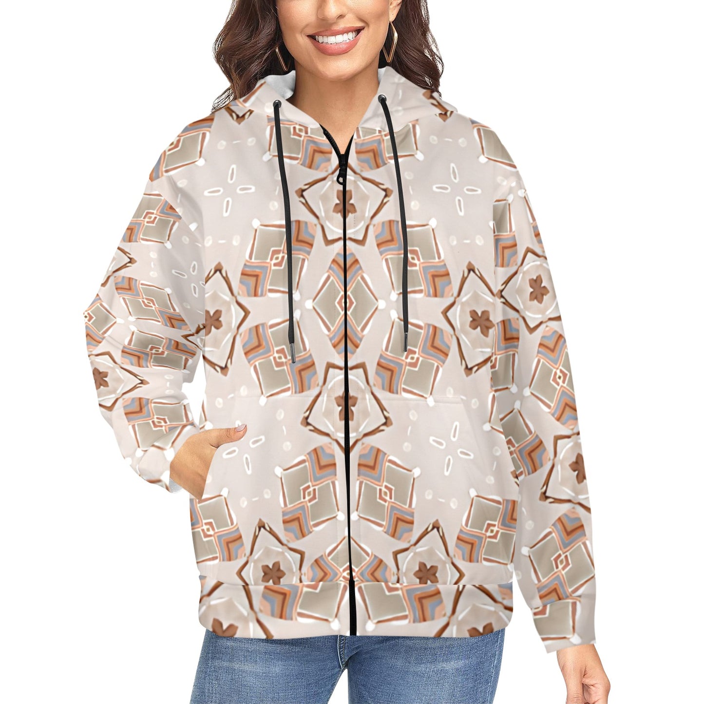 Women's Neutral Boho Graphic Pattern All-Over Print Women's Fleece Full-Zip Hoodie