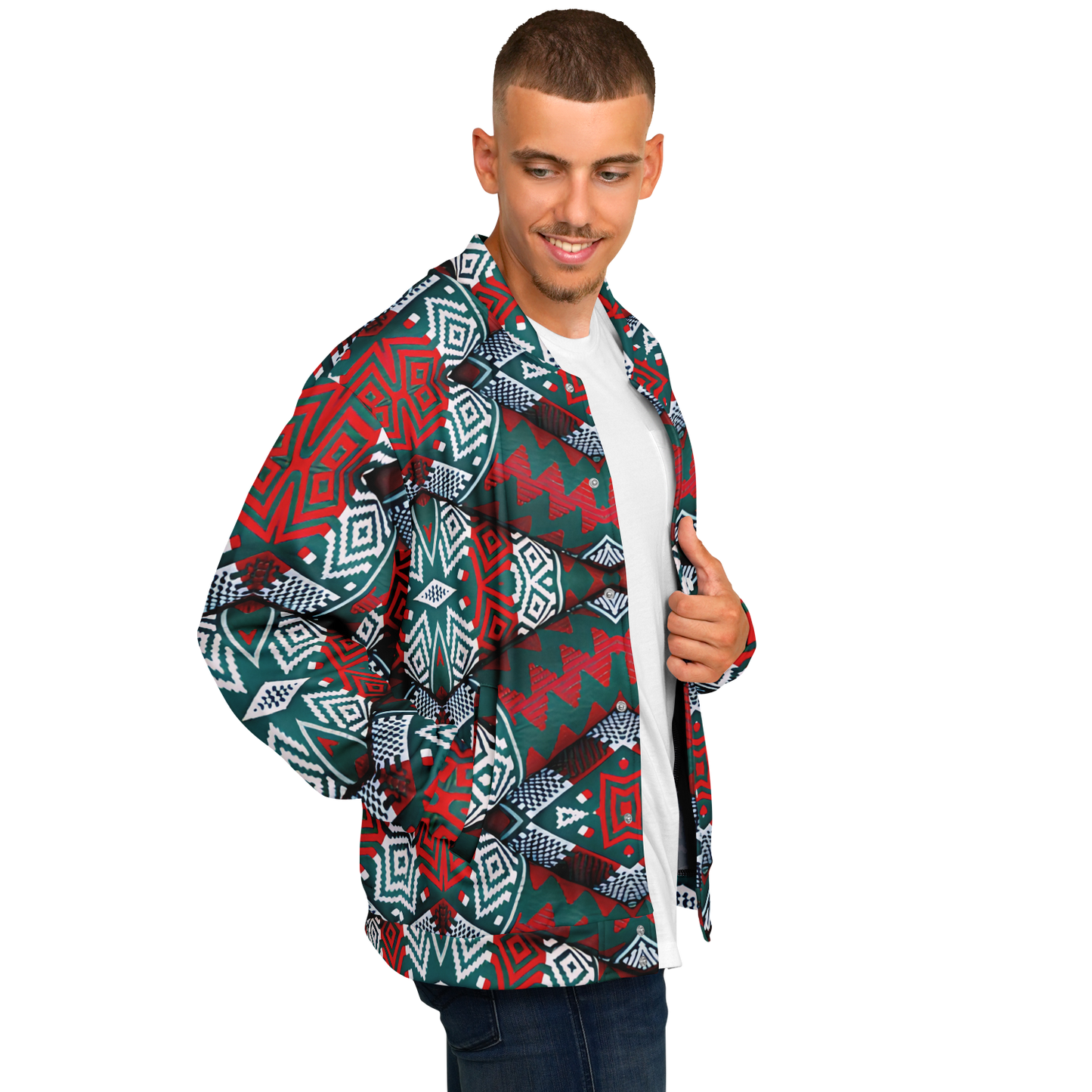 Men's Red, Green & White Teal Aztec Geo Pattern All-Over Print Baseball Jacket