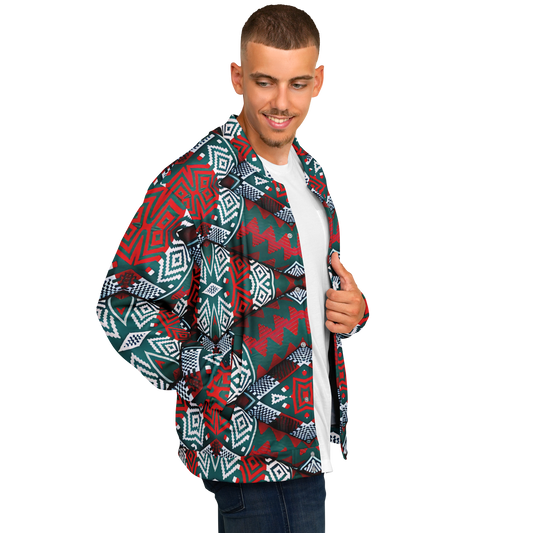 Men's Red, Green & White Teal Aztec Geo Pattern All-Over Print Baseball Jacket