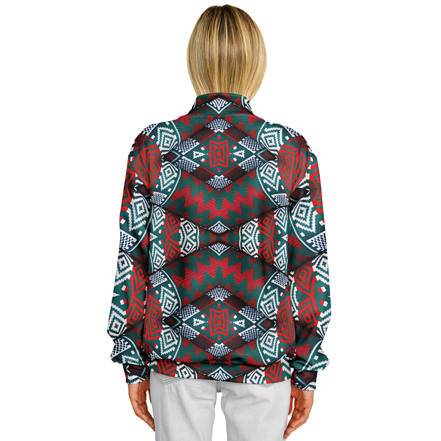 Women's Red, Green & White Teal Aztec Geo Pattern All-Over Print Baseball Jacket