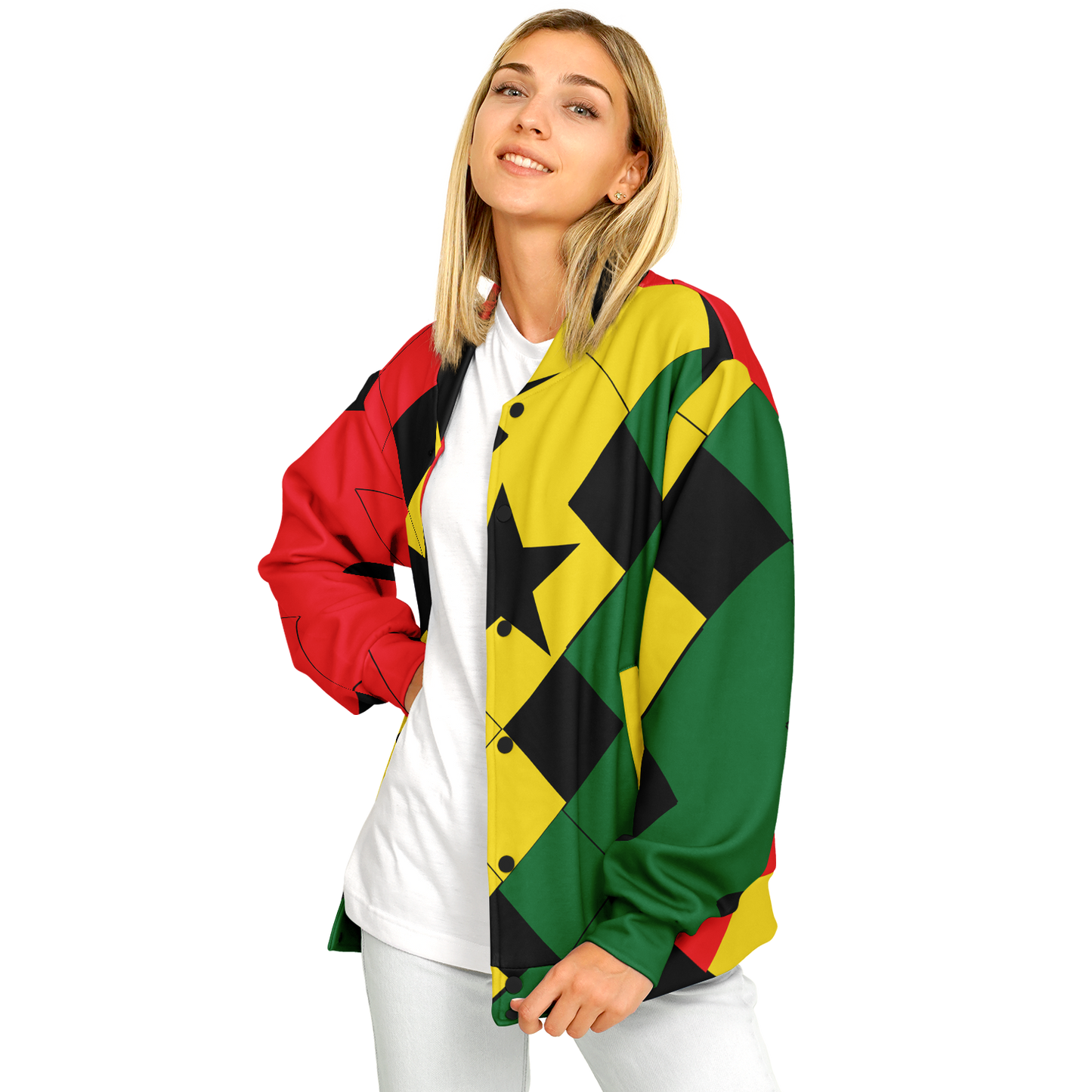 Women's Red Yellow Green and Black Stars Baseball Jacket