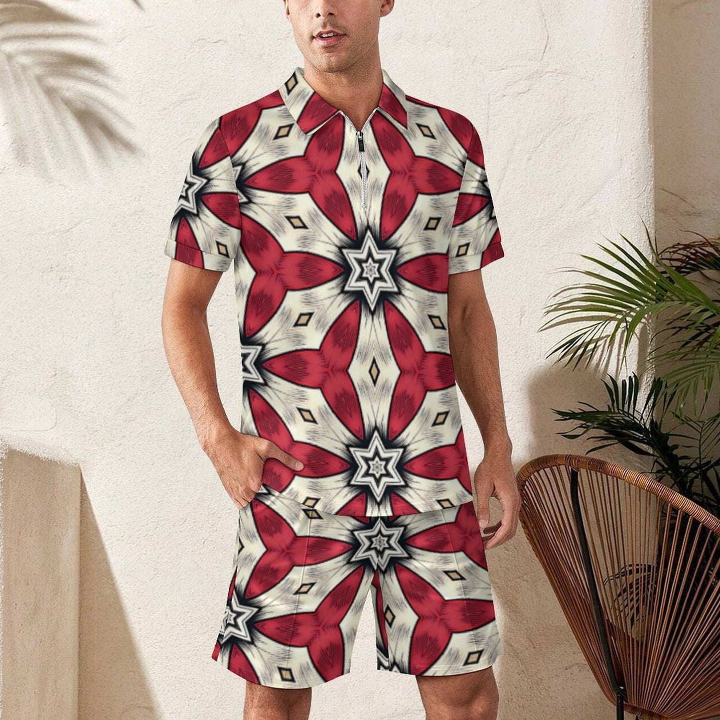 Men's Red & White Geometric Star Pattern Zip-Up Polo Set