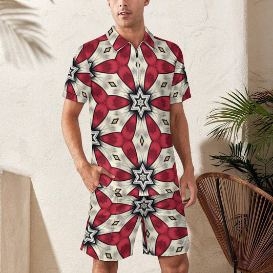 Men's Red & White Geometric Star Pattern Zip-Up Polo Set