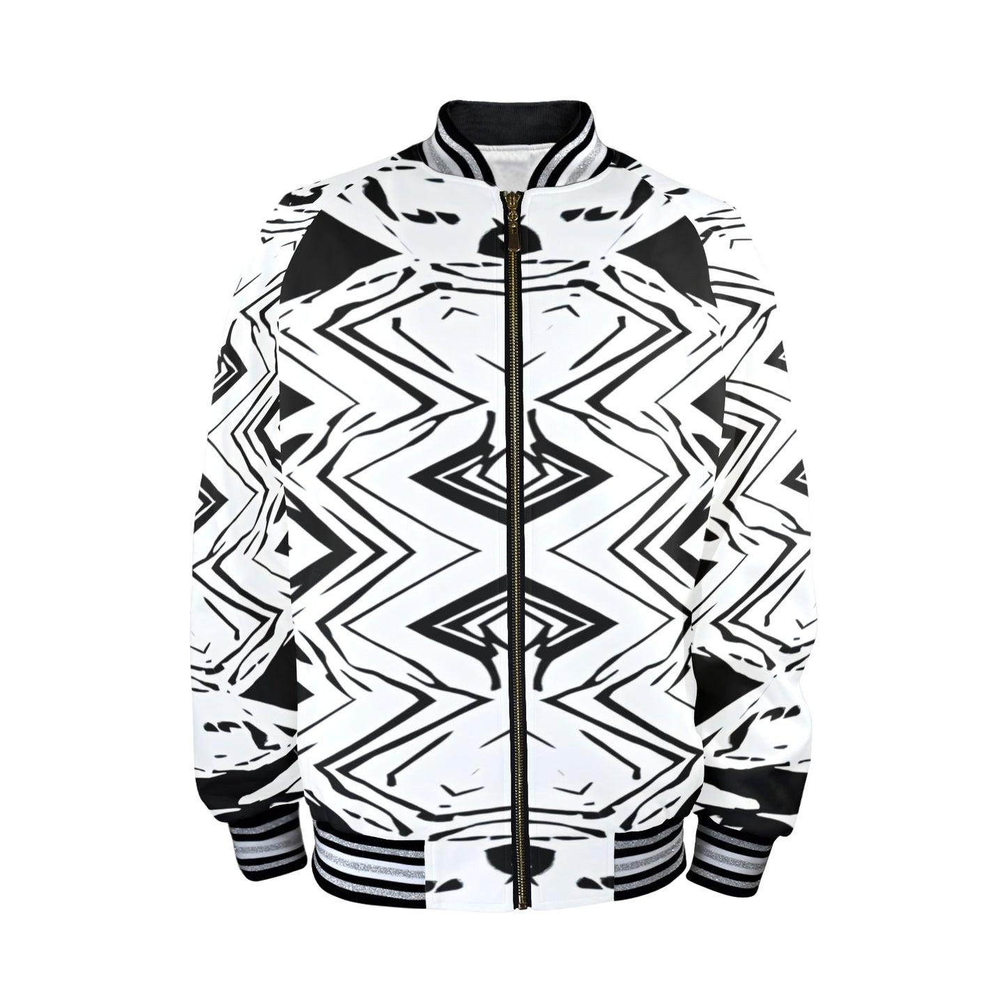 Men's Black & White Kaleidoscope Pattern All Over Print Striped Trim Bomber Jacket