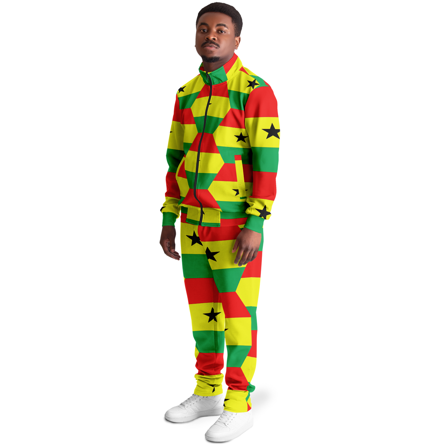 Men's Red Yellow Green Stars Flag Hex Pattern Track Jacket and Pants