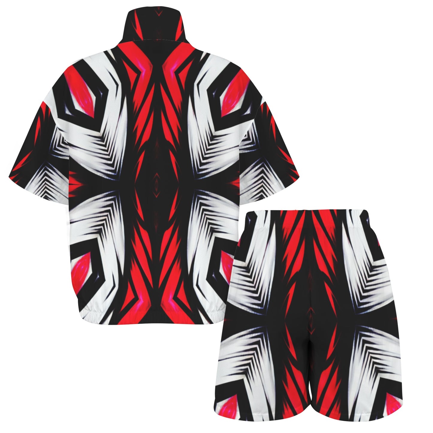 Women's Abstract Red, White & Black Pattern All-Over Print Windbreaker Short Set