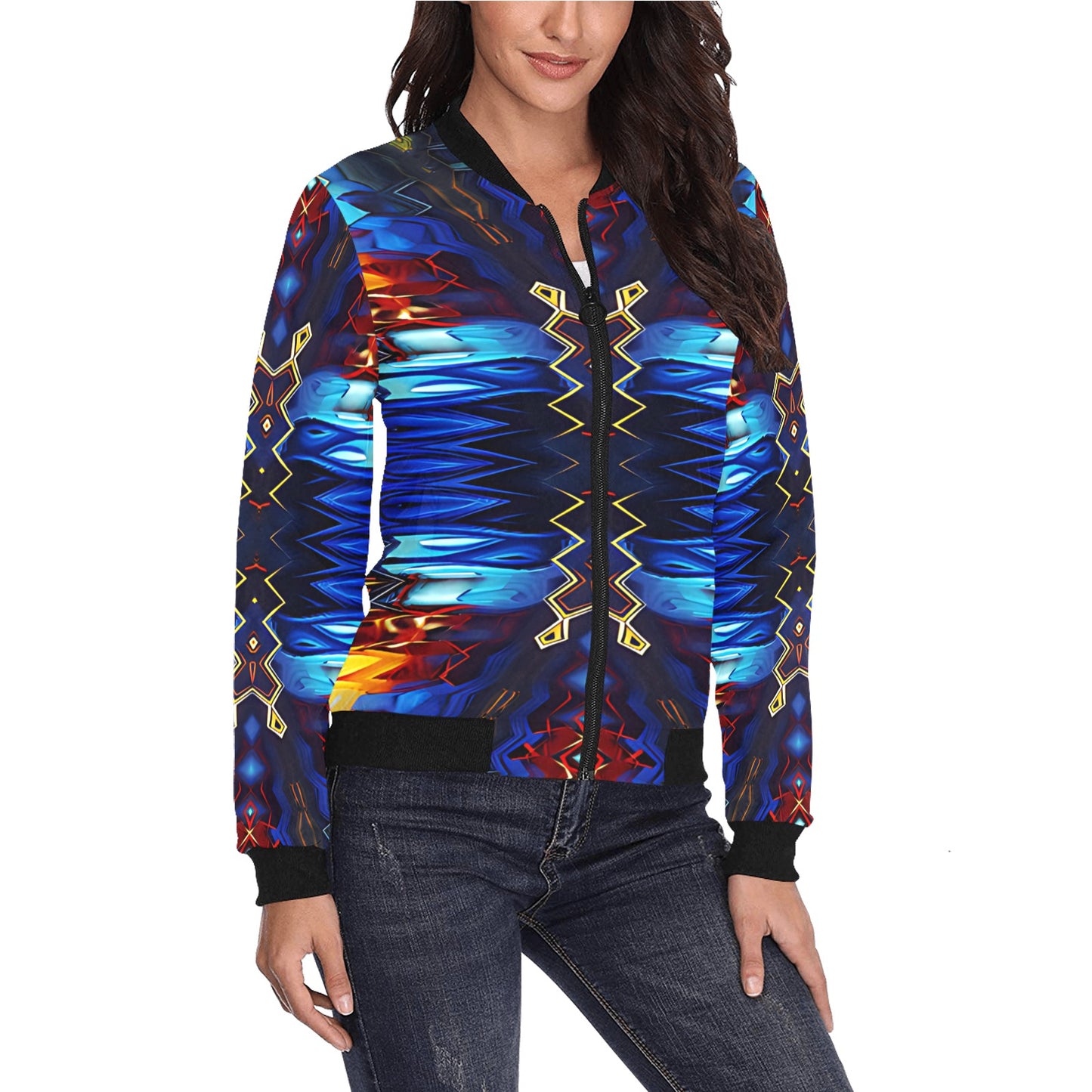 Women's Blue & Red Kaleidoscope Pattern All-Over Print Bomber Jacket