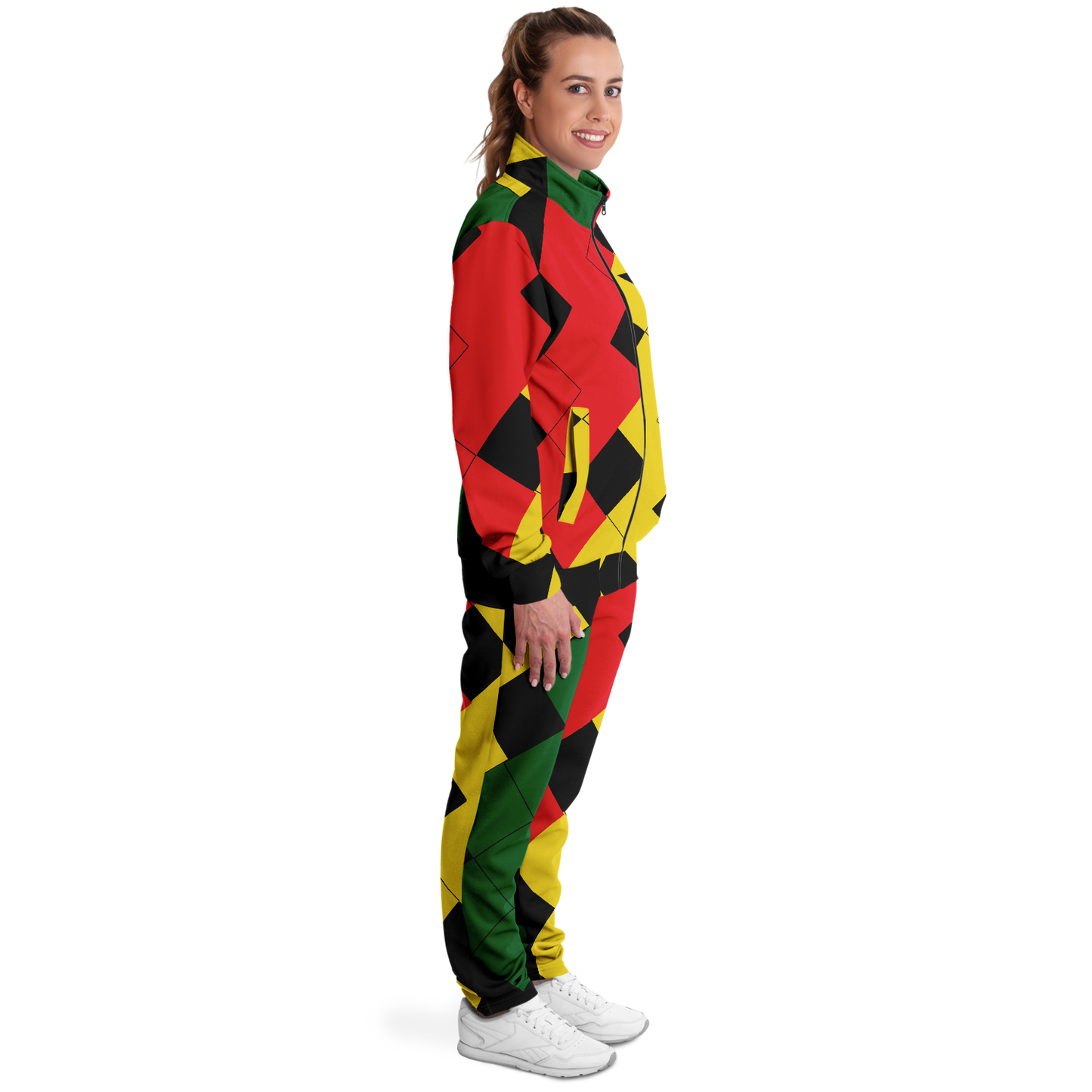 Women's Red Yellow Green and Black Stars Track Jacket and Pants