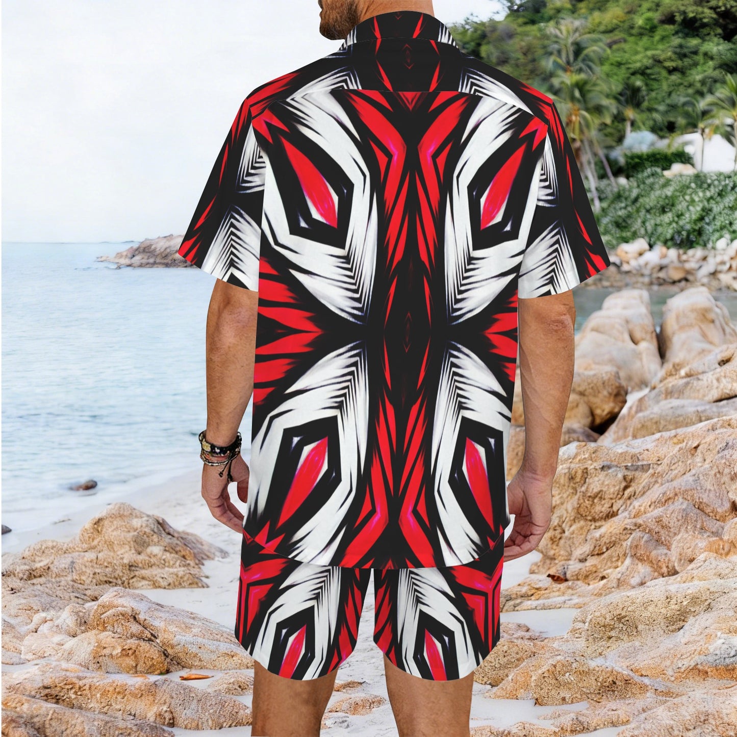 Men's Abstract Red, White & Black Pattern All-Over Print Hawaiian Shirt & Shorts Set
