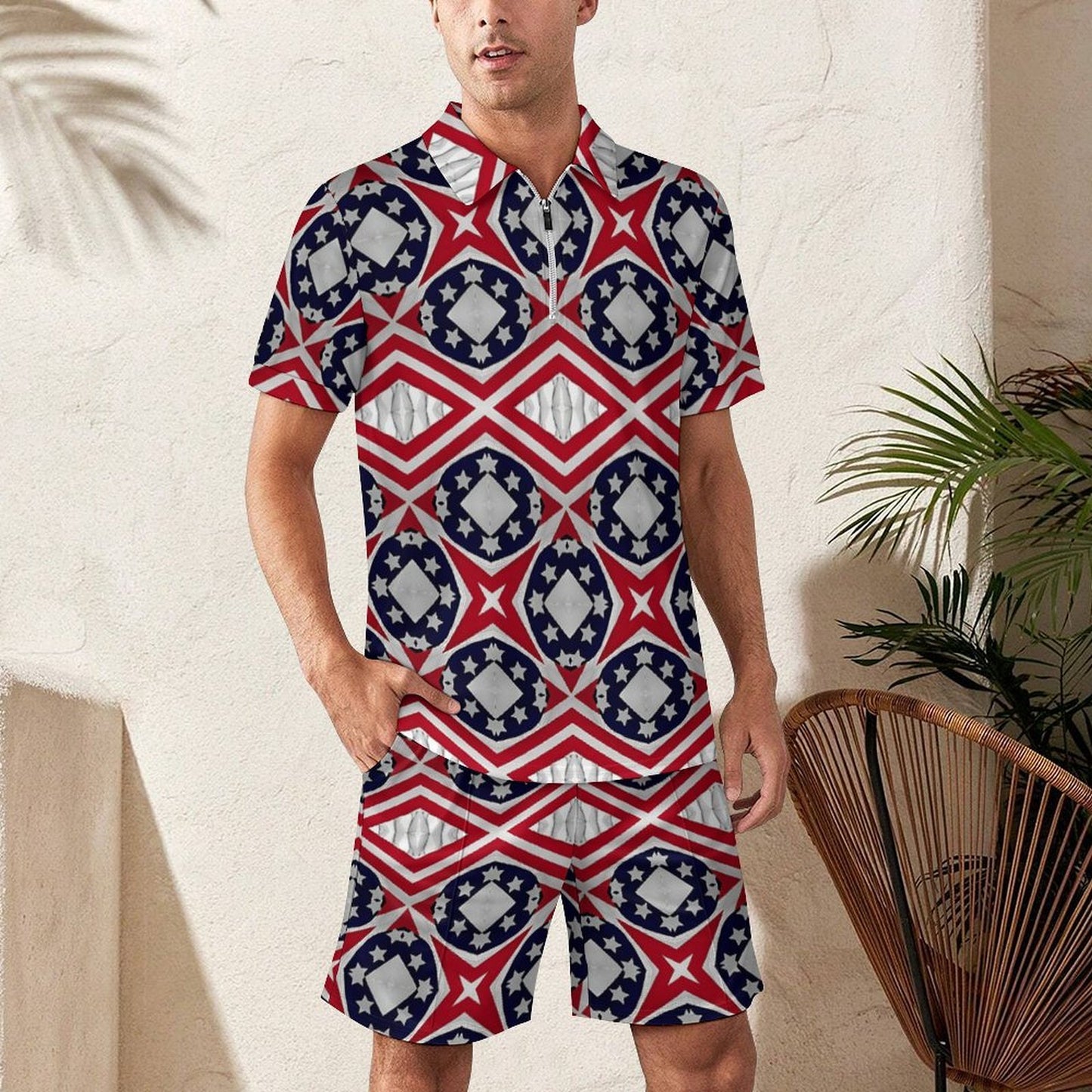 Men's Patriotic Red White Blue Geometric Zip-Up Polo Set
