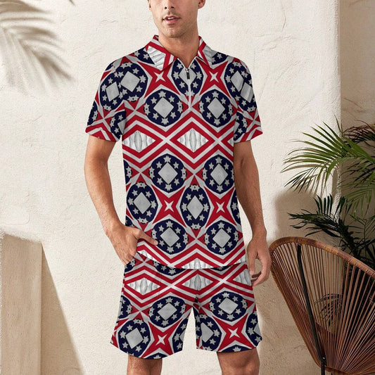 Men's Patriotic Red White Blue Geometric Zip-Up Polo Set