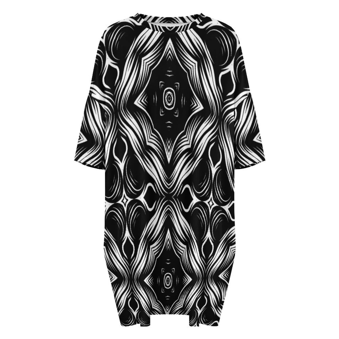 Women's Black & White Geometric Pattern All-Over Print Shirt  Oversized T- Shirt Loungewear
